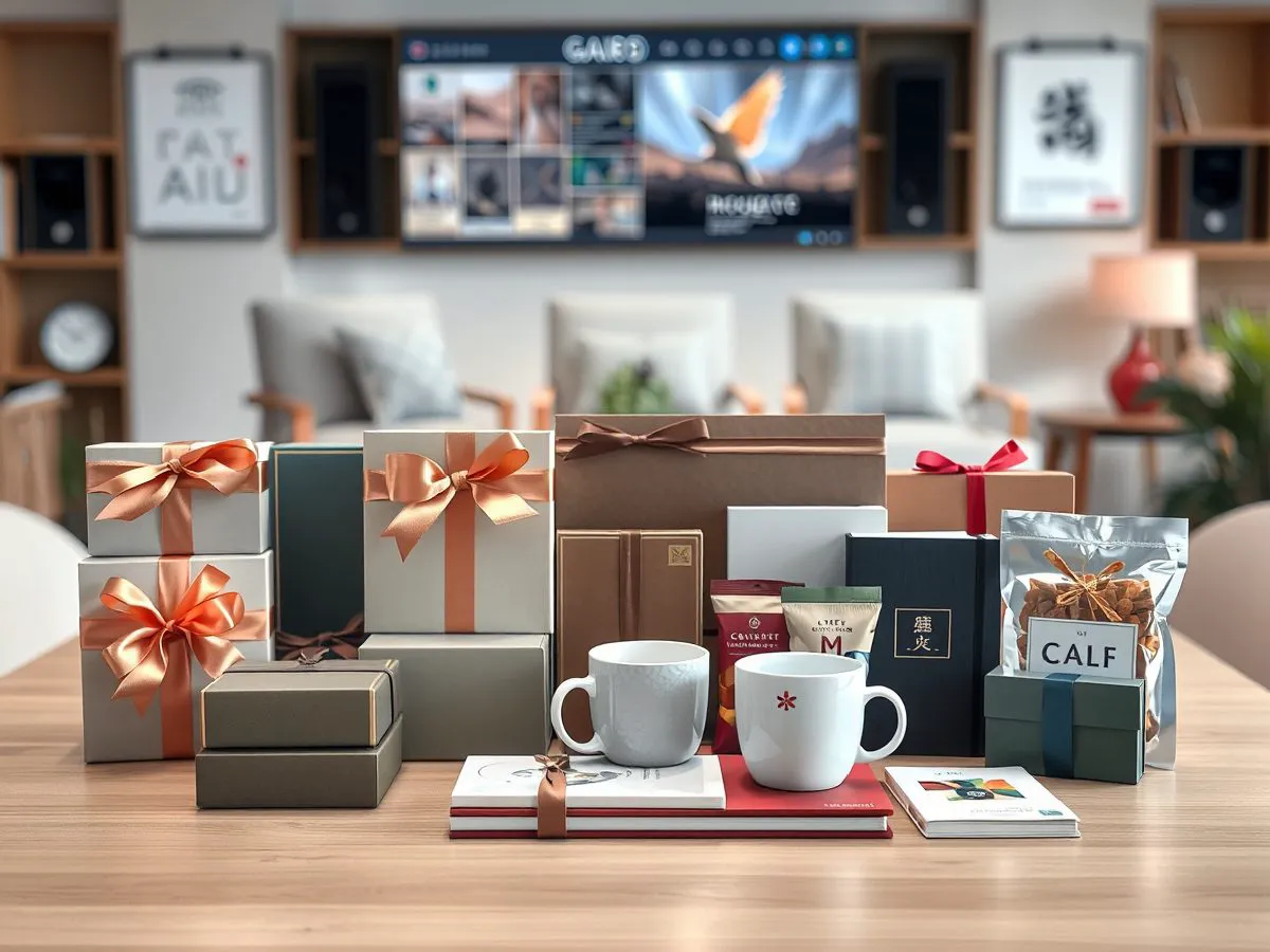 礼品套装定制样品展示，包含礼盒、丝带和多种礼品组合